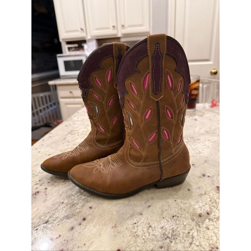 Rodeo Ropers Loretta Girls Brown & Pink Cowboy Boots sz 2 EUC